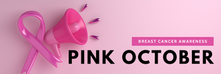 Pink Background with a pink Cross and a pink Microphone with Breast Cancer Awareness on a pink ribbon. Underneath text says Pink October.