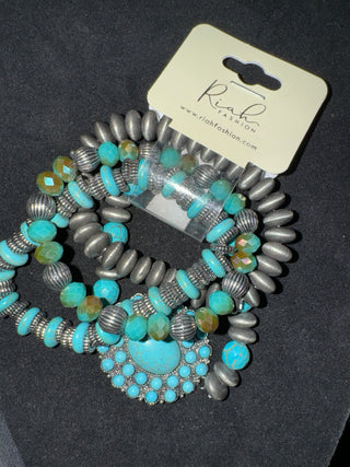 Concho Beaded Bracelet Set - Turquoise/Dark Silver