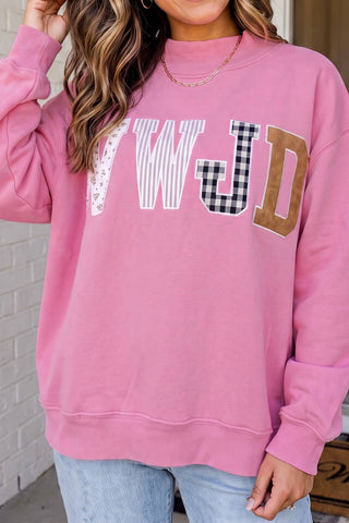 WWJD Plaid Striped Floral Mock Neck Sweatshirt