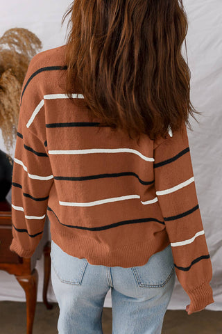 Striped Ribbed Edge Drop Shoulder Sweater
