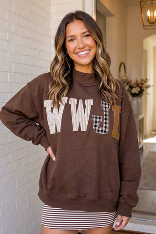 WWJD Plaid Striped Floral Mock Neck Sweatshirt