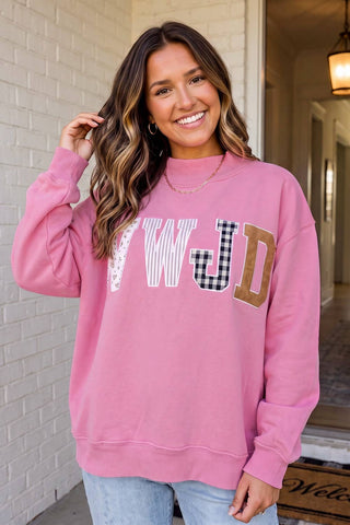 WWJD Plaid Striped Floral Mock Neck Sweatshirt