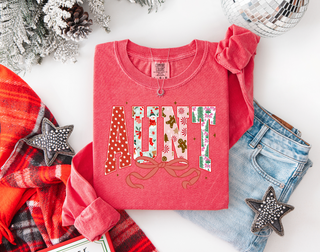 Aunt Christmas print on a watermelon comfort color long-sleeve.  