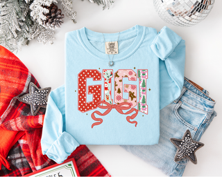 Gigi Christmas print on Chambray Comfort color long sleeve. 