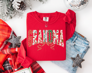 Grandma Christmas Print on a Red Comfort color long sleeve. 