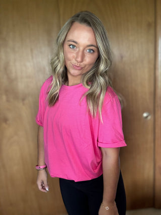 Casual Plain Crew Neck Tee - Rose