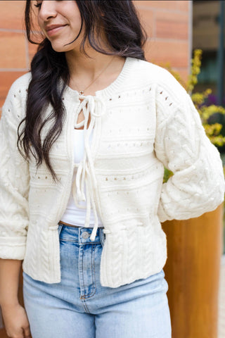 Simple Life White Front Tie Cardigan