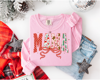 Mama Christmas print on a blossom comfort color long sleeve. 