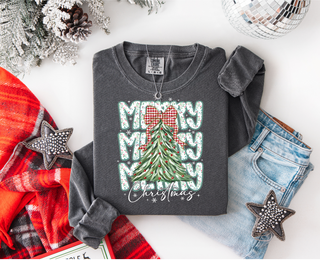 Merry Merry Merry Christmas on a Pepper Color Comfort color long sleeve. 