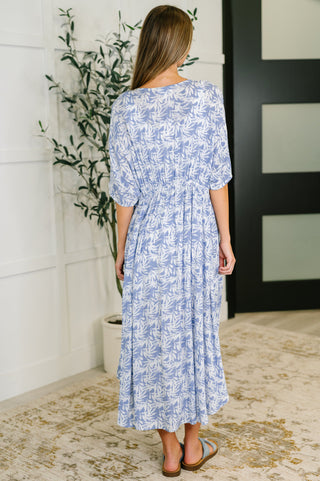 Tropical Print Gauze Kimono with Elastic Waist Tie in Periwinkle